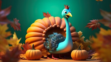 vector realistic thanksgiving illustration background with happy turkey - obrazy, fototapety, plakaty