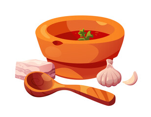 Borsch - is a Traditional Ukrainian Dish. Borsch with Garlic, Parsley and a Piece of Lard. Ukrainian Traditional Cuisine. Vector Illustration in Cartoon Style.