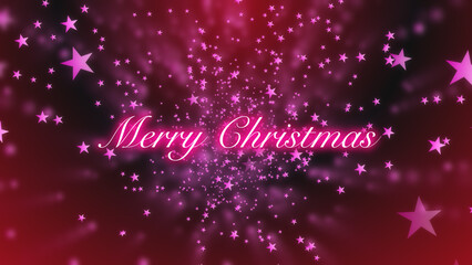 Merry Christmas greeting and pink stars flying on red and black gradation background. Happy holidays.