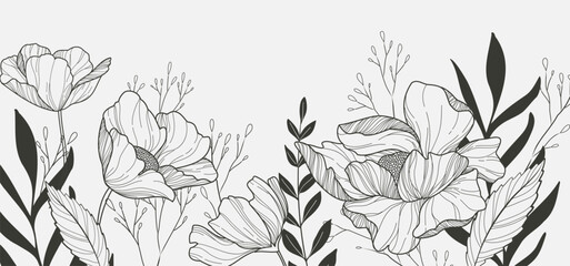 Botanical line bakground with flowers and leaves. Floral foliage for wedding invitation, wall art or card template - obrazy, fototapety, plakaty