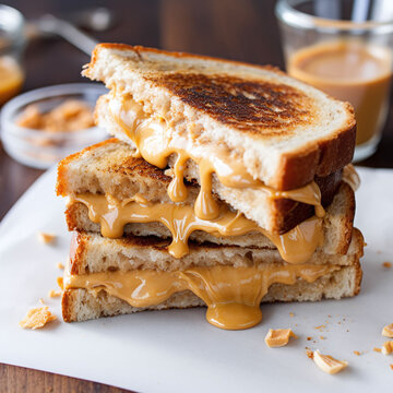 Stack of delicious messy peanut butter sandwiches on a plate