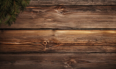 A small pine branch lies gracefully on a rustic wooden surface.
