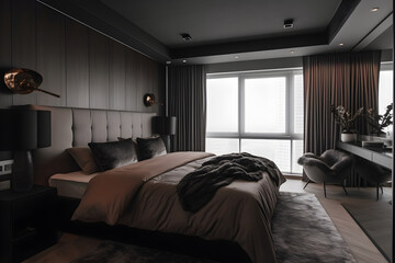 Interior of modern bedroom in hotel with dark wooden walls, concrete floor, comfortable king size bed and window with city view.