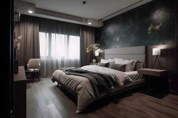 Fototapeta na wymiar Interior of modern bedroom in hotel with dark wooden walls, concrete floor, comfortable king size bed and window with city view.