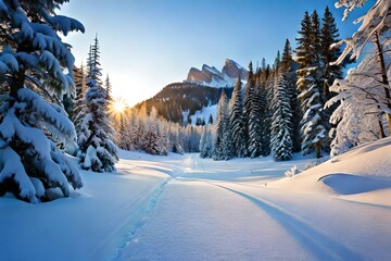 a serene winter hike with snow-covered trails and tall pine trees