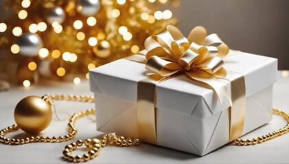 A single, beautifully wrapped gift in white and gold, surrounded by sparkling, golden ornaments