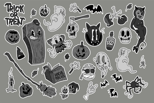 Halloween graphic retro cartoon elements - pumpkins, ghosts, zombie, cat, broom, witch, skull and others. Hand drawn set. Vector illustration. Stickers collection