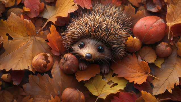 Super cute hedgehog in a pile of autumn maple leaves in the fall