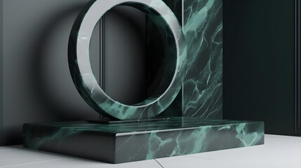 Luxury green marble podium on green background with copyspace. 3d render, for banner background, product display