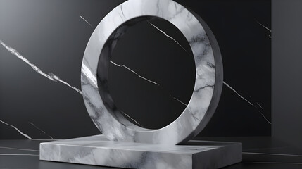 Luxury grey marble podium on dark background with copyspace. 3d render, for banner background, product display