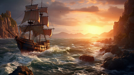 Blue boat illustration sunset sea sail nature sailboat pirate ocean sky ship water - obrazy, fototapety, plakaty
