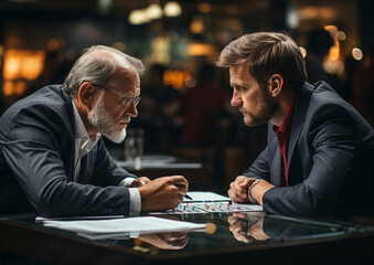 dwóch mężczyzn w garniturach rozmawiających, negocjujących przy stole. - obrazy, fototapety, plakaty