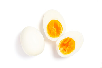 Fresh hard boiled chicken eggs isolated on white, top view, Clipping path included
