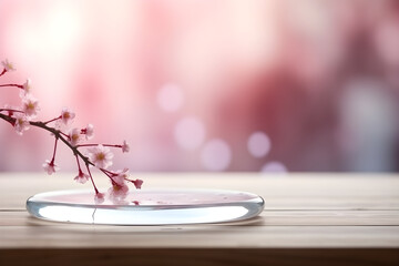 Luxury pink podium with cherry blossom flower on wooden table and blur background with copyspace. 3d render, for cosmetic product presentation, product display, banner background
