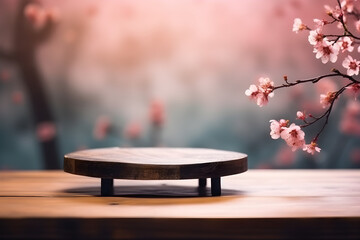 Obraz premium Luxury pink podium with cherry blossom flower on wooden table and blur background with copyspace. 3d render, for cosmetic product presentation, product display, banner background