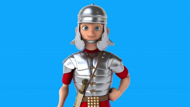 Fun 3D cartoon roman soldier saying hi (with alpha channel included)