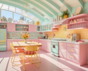 This vibrant, modern kitchen bursts with color and style, featuring bright pink cabinets, chairs, and furniture, creating a cheerful atmosphere perfect for any dining room, nursery, or dollhouse