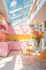 This cozy, vibrant kitchen features a delightful combination of pink cabinets, yellow chairs, and floral designs, creating an inviting atmosphere perfect for gathering with family and friends