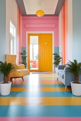 This vibrant, modern room filled with bright colors and houseplants, along with yellow doors and furniture, evokes a feeling of warmth and comfort, perfect for any home or hotel