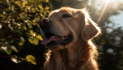 Cute golden retriever dog closeup portrait in sunny day. Dog with a smile, very happy, face close-up. Atmospheric blurred summer background, selective focus