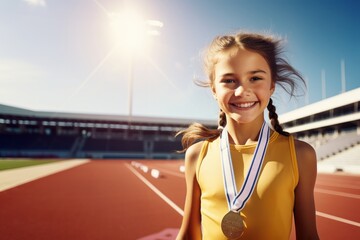 Cheerful little sports girl celebrating the win wearing a gold medal. Proud child athlete champion...