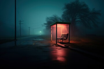Bus stop at night with neon lights - obrazy, fototapety, plakaty