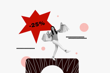 Poster collage of lady carry much packages shopaholic twenty five percent discount all collection black friday isolated on white background