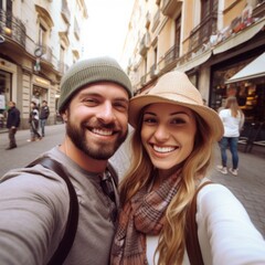 Fototapeta na wymiar loving happy couple of travelers take selfies on street on trip to cities of Europe.