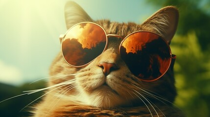 Stylish cat donning sunglasses, exuding coolness in the sun
 - obrazy, fototapety, plakaty