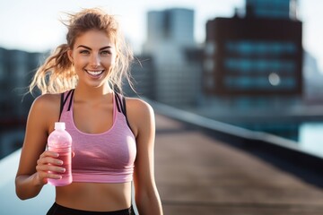 woman drinking a bottle of water after running