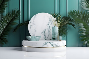 Luxury white marble podium, gold rim and tropical leaves on blue background with copyspace. 3d render, for banner background