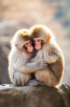 two cute japanese macaques or snow monkeys hugging, jigokudani park, in mountains on a rock, animals, nature and wildlife concep