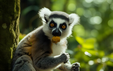 Fototapeta premium Portrait photo of ring-tailed lemur eating a fruit, primate, black and white ringed tail, island of Madagascar, beautiful wildlife, monkeys
