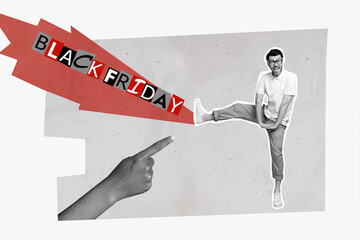 Black friday party collage of funky carefree person guy boogie woogie active seasonal sale black...