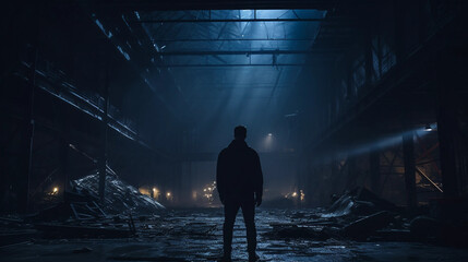 man standing inside an abandoned factory at night