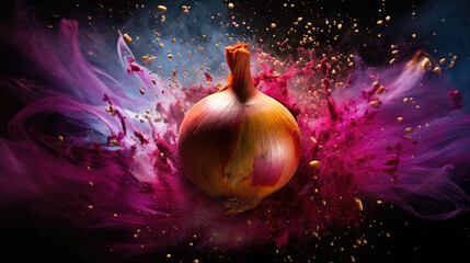 yellow onion with colorful powder paint explosion - obrazy, fototapety, plakaty