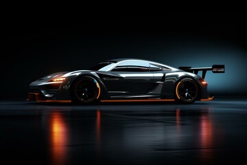Modern race car with halo side view on dark background. Generative AI - obrazy, fototapety, plakaty
