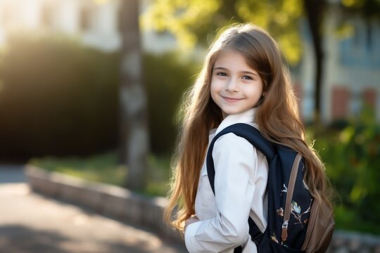 Back To School. Happy Smiling Child Girl 11 Years Old Teenager With A Backpack.stands On The Background Of The Sports Ground Near The School