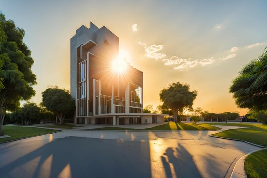 A Ourdoor building with landscape and sun or sky