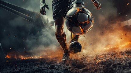 Generative AI, football boot kicking a soccer ball, goal moment on the stadium	
 - obrazy, fototapety, plakaty