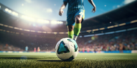 Generative AI, football boot kicking a soccer ball, goal moment on the stadium	
