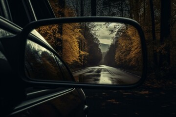 The reflection of a road in a car's side mirror with a dark sky and trees in the background. Generative AI - obrazy, fototapety, plakaty