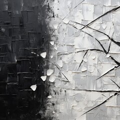 Black and white abstract shapes of nature, acrylic oil painting, textured, brushstrokes - Generative AI