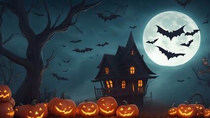 Halloween background with pumpkin and bats. Halloween backdrop with spooky pumpkins, bats, and a haunted house at moon night.