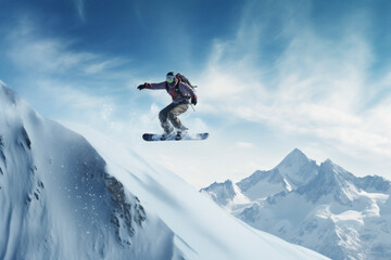 Snowborder enjyoing snowbording and jumping in background of winter mountain landscape. Lifestyle concept for sports and hobbies.