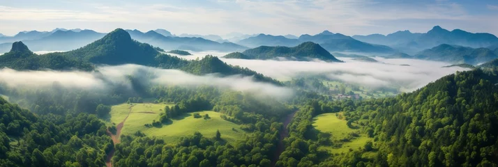 Foto op Canvas A view from a height of a mountain peak with green trees in the fogaerial view panoramic shot © LaxmiOwl