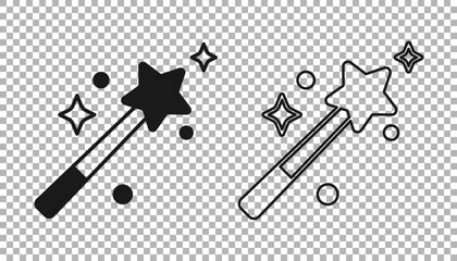 Black Magic wand icon isolated on transparent background. Star shape magic accessory. Magical power. Vector