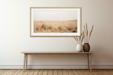 Empty frame displayed in a simplistic farmhouse hallway interior, showcased using a 3D render. Generative AI