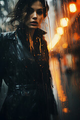 Street portrait of a beautiful young woman wearing black raincoat under the rain in a city. 