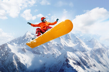Man, active sport lover, snowboarder in motion over snowy mountains background. Tourism and travel. Concept of winter sport, action, motion, hobby, leisure time. Banner. Copy space for ad